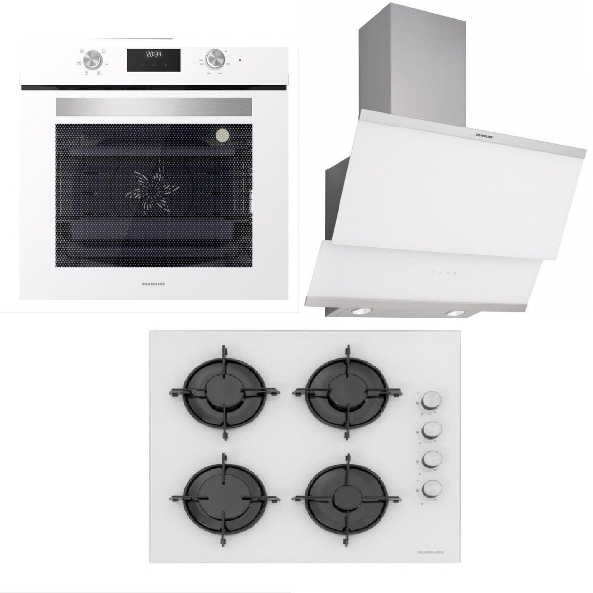 Silverline BO6502W02 Fırın-CS5349W01 Ocak-3420 Classy Davlumbaz Beyaz Cam Ankastre Set 